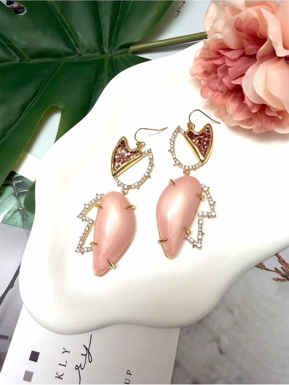 Alexis Bittar Elegant Pink Pearl Drop Earrings with Crystal Accents